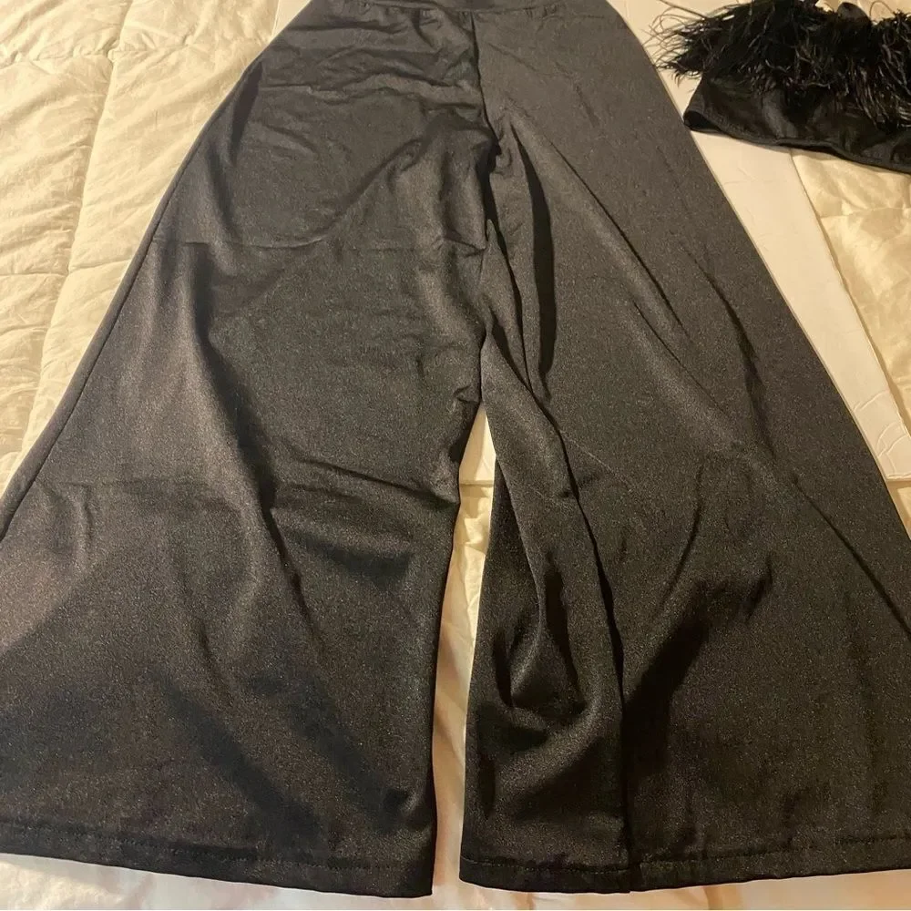 Kelle dance black feather costume 2 piece wide leg pants top 2900 3806 MA adult